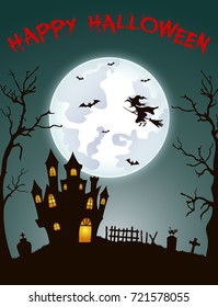 Vector illustration of Halloween background with cemetery, bats and castle
