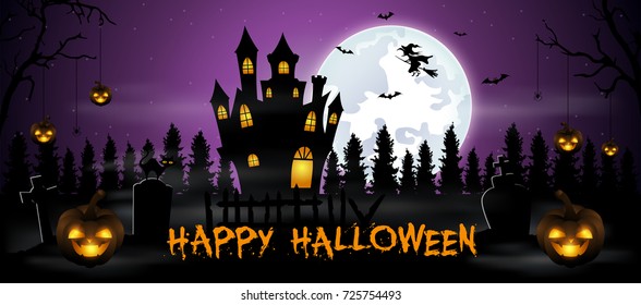 Vector illustration of Halloween background with cemetery, bats and castle