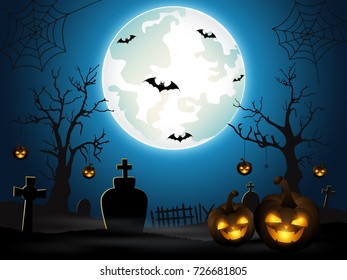 Vector illustration of Halloween background with cemetery and bats