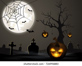 Vector illustration of Halloween background with cemetery and bats