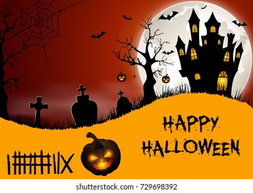 Vector illustration of Halloween background with cemetery, bats and castle