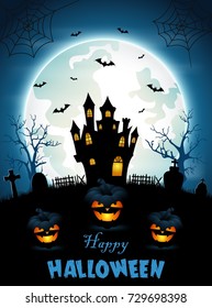 Vector illustration of Halloween background with cemetery, bats and castle