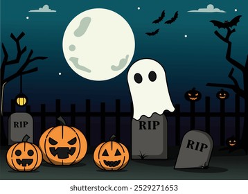 Vector illustration of a Halloween background featuring a scary pumpkin and ghost, surrounded by gravestones and trees, with some bats during a full moon