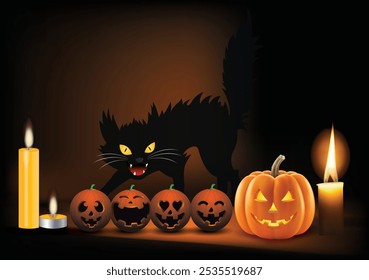 Vector illustration of a Halloween background featuring a black cat, pumpkin, and a candle engulfed in flames