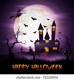 Vector illustration of Halloween background with fly witch and scary church on graveyard