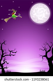 vector illustration of an halloween background with a flying witch and full moon 