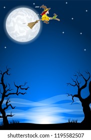 vector illustration of an halloween background with a flying witch and full moon 
