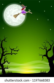 vector illustration of an halloween background with a flying witch and full moon 