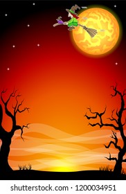 vector illustration of an halloween background with a flying witch and full moon 