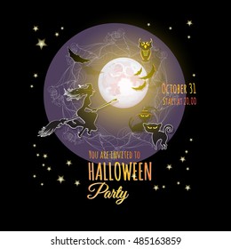 Vector  illustration of Halloween background with full Moon, witch on a broom, cats, owl, bats. Halloween card with  words Halloween Party.