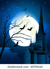 Vector illustration - Halloween background with full moon and castle