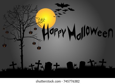 Vector illustration of Halloween background, The graveyard and dead tree decorated with pumpkin in the full moon night.