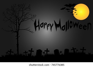 Vector illustration of Halloween background, The graveyard with dead tree, herd of bats and the full moon.