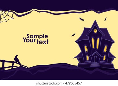 Vector illustration:  Halloween background with hand drawn Haunted house  and silhouette of raven and bats.