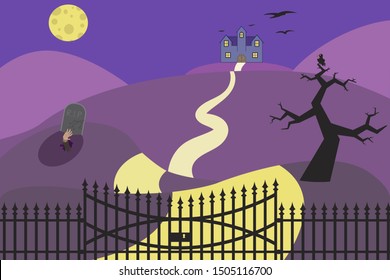 Vector illustration of halloween background with haunted house, gravestone, moon and yard.