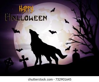 Vector illustration of Halloween background with howling wolf at moonlight