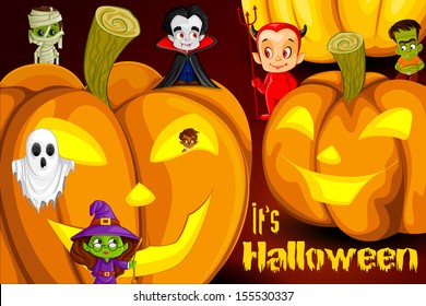 vector illustration of Halloween background with monsters and pumpkin