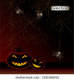 Vector illustration of Halloween background on the holiday of pumpkins and spiders on the web repainted in red light