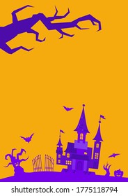 Vector illustration of halloween background. Orange background with flying bats, old house, trees. Concept for autumn.