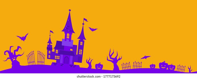 Vector illustration of halloween background. Orange background with flying bats, old house, trees. Concept for autumn.