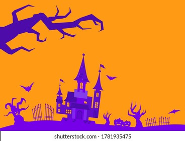 Vector illustration of halloween background. Orange background with flying bats, old house, trees. Concept for autumn.