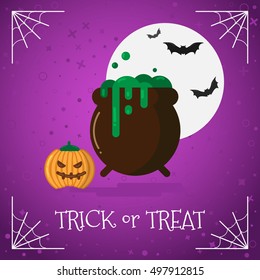Vector illustration Halloween background with orange pumpkin and witch cauldron boiling the potion. Full moon, bats and spider web. Trick or Treat Concept. Flat design.