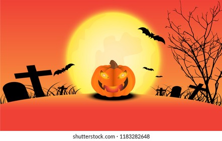 Vector Illustration of a Halloween Background. Halloween pumpkins under the moonlight. 