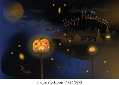A vector illustration of Halloween background with pumpkins and spooky castle and flying bats