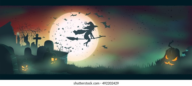 A vector illustration of Halloween background with pumpkins, flying witch and bats, vector EPS10