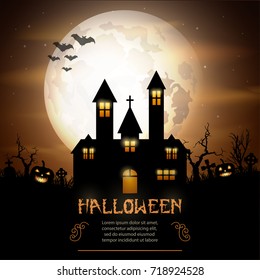 Vector illustration of Halloween background with pumpkins and scary church on graveyard
