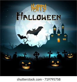 Vector illustration of Halloween background with pumpkins and scary church on graveyard