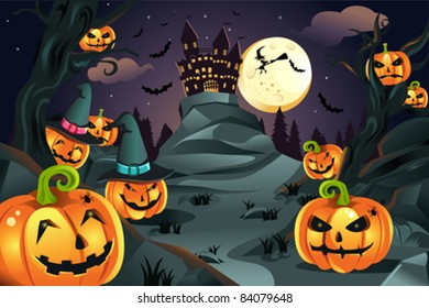 A vector illustration of Halloween background with pumpkins and spooky castle and flying bats