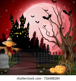 Vector illustration of Halloween background with scarecrow and pumpkins