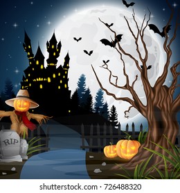 Vector illustration of Halloween background with scarecrow and pumpkins