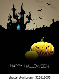 Vector Illustration of a Halloween Background with Scary Castle and Pumpkin