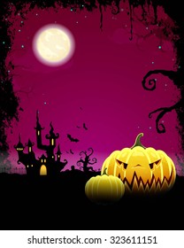 Vector Illustration of a Halloween Background with Scary Castle and Pumpkins