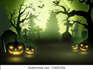 Vector illustration of Halloween background with scary pumpkins