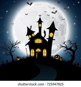 Dibujo vectorial de los antecedentes de Halloween con una iglesia aterradora