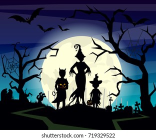 Vector illustration of Halloween background with silhouettes of children trick in Halloween costume on dark blue night sky. Halloween postcard in flat cartoon style.