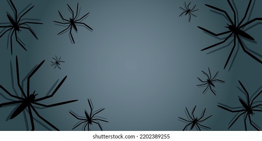 Vector illustration. Halloween background with spiders with shadow, holiday decorations. Halloween party invitation card mockup. Happy Halloween banner design. Flat lay, top view, copy space for text.