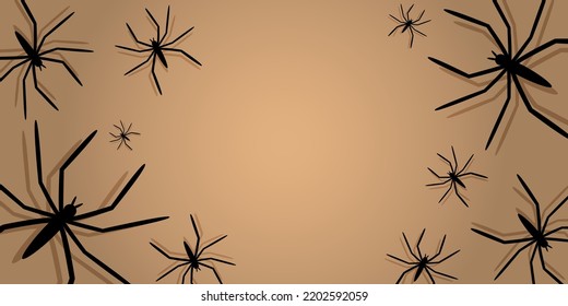 Vector illustration. Halloween background with spiders with shadow, holiday decorations. Halloween party invitation card mockup. Happy Halloween banner design. Flat lay, top view, copy space for text.