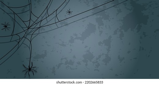 Vector illustration. Halloween background with spiders with shadow, spider web on dirty wall. Halloween party invitation card mockup. Happy Halloween banner design. Abandoned room, copy space for text