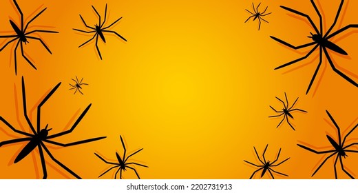 Vector illustration. Halloween background with spiders with shadow, holiday decorations. Halloween party invitation card mockup. Happy Halloween banner design. Flat lay, top view, copy space for text.