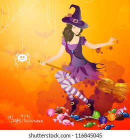 Vector Illustration of a Halloween Background with Witch