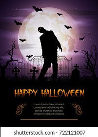 Vector illustration of Halloween background with zombie walking out from grave