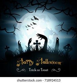 Vector illustration of Halloween background with zombies and the moon