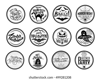 Vector illustration of halloween Badges and Design Elements with symbols cat, spider, web, ghost, pumpkin, bat. Halloween label with element typography text sign