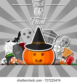 Vector illustration of Halloween banner with flat icons stickers on gray background