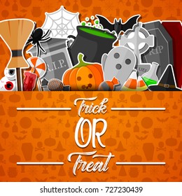 Vector illustration of Halloween banner with flat icons stickers on orange background