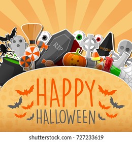 Vector illustration of Halloween banner with flat icons stickers on orange background